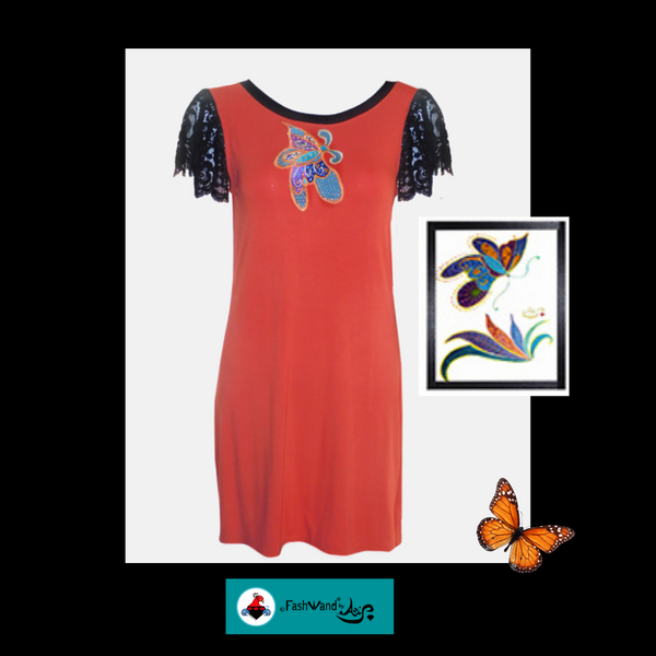 FashWand Mandarin Garnet the Monarch Butterfly Bamboo Appliqué Dress